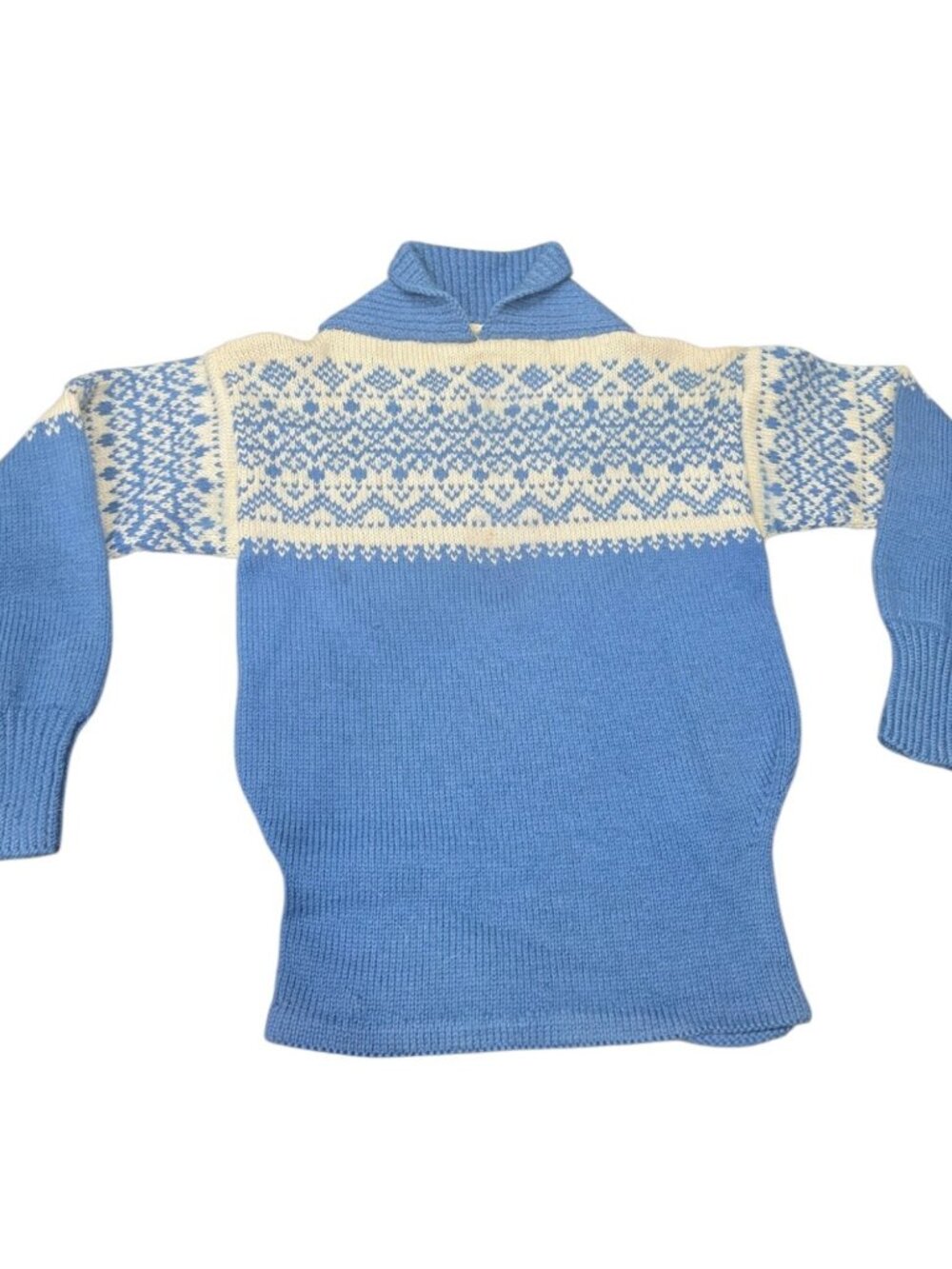 1970s Vintage Irene Moser Wool Nordic Fair Isle Ski Sweater Blue Cream Small